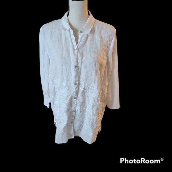 J. Jill Button Up Linen Top with Embroidery. Size L. - Picture 1 of 10